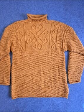 Vintage Handmade Fisherman Cable Knit Sweater Gold Sz Med Chunky Knit Unique
